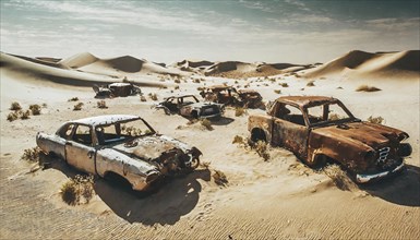 Heavily rusted cars in a sandy desert landscape with sparse vegetation, symbol photo, AI generated,