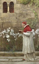 A pope in a white robe and red hat reads a book in a garden, surrounded by white flowers in front