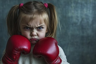 Angry young girl child with large red boxing gloves. Generative Ai, AI generated