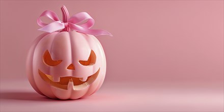 Banner with cute pink carved pumpkin with ribbon on stem in front of pink studio background.