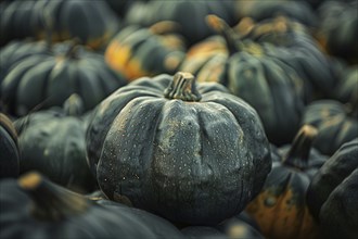 Pile of green pumpkins at market. Generative Ai, AI generated