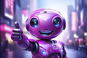 Friendly smiling magenta robot with a thumb up symbolizing artificial intelligence, AI generated