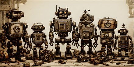 Team of robots styled as vintage toys poised atop an antique wooden table, AI generated