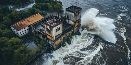 Aerial view showcases the extensive demolition of a industry factory in massive water flood, AI