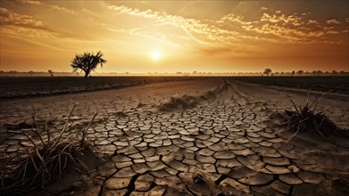 Desolate agricultural farmland with dried crops in sunrise, AI generated