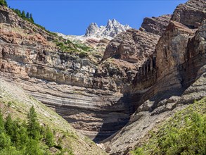 GEOPARC Bletterbach canyon, layers of sediments, stratum, mount Weisshorn in the back, Aldein,