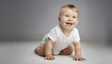 Crawling baby in white outfit in the studio, AI generated, AI generated