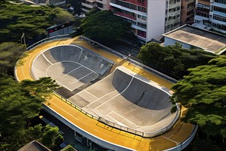 Aerial perspective top down of an empty skateboard park, AI generated