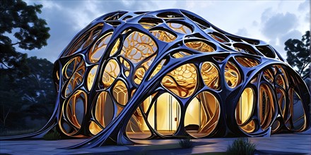 Modern building design with a network of interconnected shapes inspired by the structure of spider