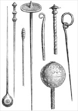 Bronze Age, hairpins and garment pins, found in Switzerland, illustration from 1890, historical,