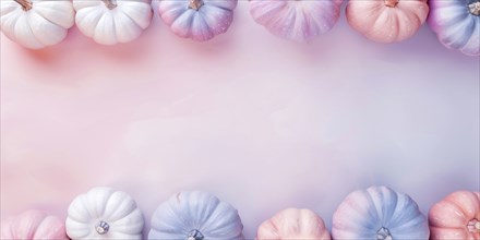 Top view of pastel cute pumpkins on pink background with copy space. Generative Ai, AI generated