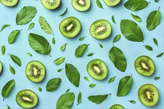 Top view of kiwi fruit slices and leaves on blue background. Generative Ai, AI generated