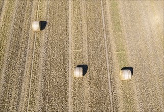 Aerial view, straw bales on farmland, near Celle, Lower Saxony, Germany, Europe