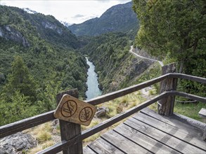 Futaleufu river flowing in a deep gorge, viewpoint Mirador del Diablo, mountain road built into