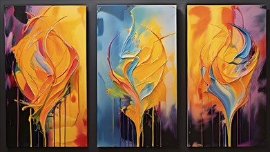 Trio of abstract hand painted oil paintings with vibrant color lines for wall decoration, AI