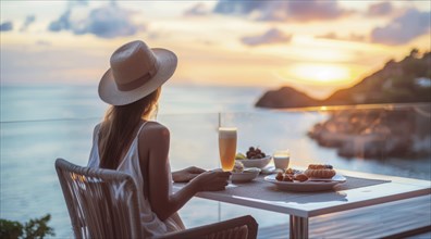 A romantic woman sitting at table with a glass of wine and a plate of food on terrace on vacation,