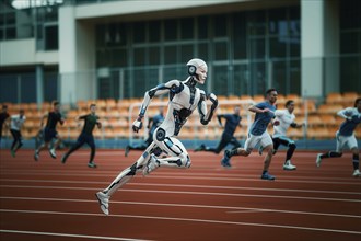 Futuristic humanoid cyborg competing with humans in a Stadium, AI generated