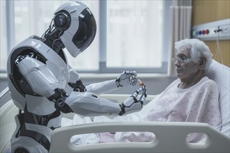 Futuristic humanoid cyborg taking care of elderly people in a hospital, AI generated