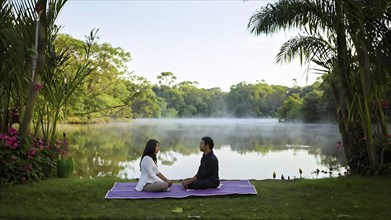 Couple sits cross legged on mats in meditation surrounded by tranquil garden, AI generated