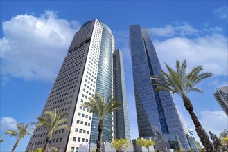 Israel, Tel Aviv financial business district skyline includes shopping malls and high tech offices,