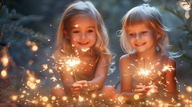 Cute children celebrating with fun sparklers. generative AI, AI generated