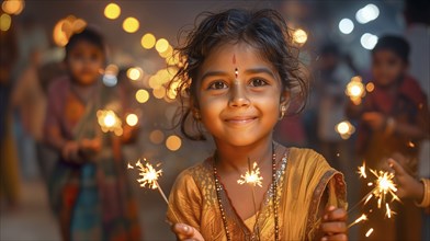 Cute Indian children celebrating with fun sparklers. generative AI, AI generated