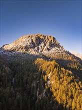 Snow-covered mountain peak above an autumnal forest, Bad Reichenhall, Bavaria, Germany, Europe