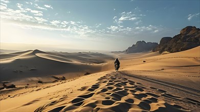 Lone camel rider traversing the rough gobi desert landscape, AI generated