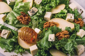 Keto Salad, pear with blue cheese and walnut, selective focus, no people, close-up