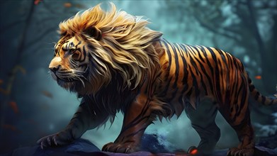 AI generated illustration of mythical creature blending lions majestic mane tigers striped