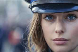 Close up of face of female police officer. KI generiert, generiert, AI generated