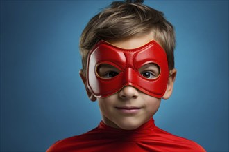 Young boy child with red superhero face mask on blue background. KI generiert, generiert, AI