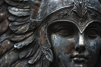 Close up of statue of woman with Norse mythology Valkyrie helmet. Generative AI, AI generated