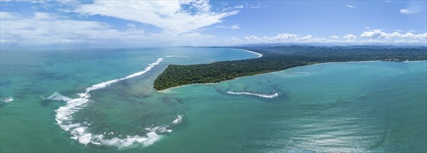 Turquoise sea, aerial view, view of Cahuita National Park, coast and coastal landscape with forest,