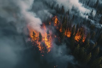 Aerial view of a forest fire is raging through a forest, with smoke and flames visible in the air.