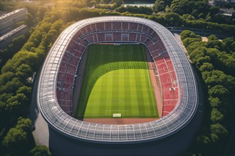 Aerial bird eye top view of a soccer football field stadium, AI generated