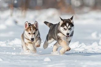 Two cute Alaskan Husky pups running in snow, AI generated