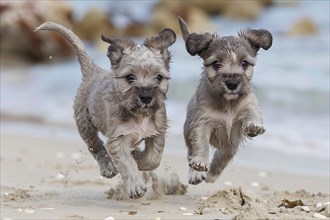 Two cute Portuguese waterdog pups running on sand, AI generated