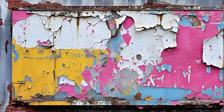 Grunge ripped torn placard posters background in white, pink, blue and yellow colors, AI generated