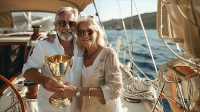 Happy sailing couple holding their trophy on the deck of their sailing boat. generative AI, AI