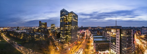 Panorama aerial view Dancing Towers at blue hour with Reeperbahn, St. Pauli, Hamburg, Germany,