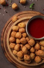 Chicken popcorn, deep fried, nuggets, close-up, rustic, no people