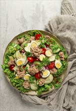 Tuna salad, vegetable salad with quail eggs, lettuce, red onion and cucumbers, on a light gray