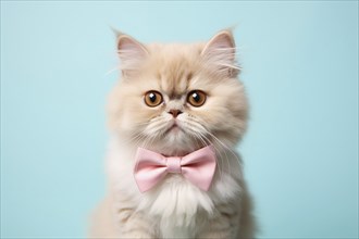 Cute Persian cat with bowtie on blue background. KI generiert, generiert AI generated