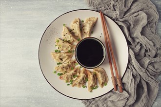 Japanese Gyoza dumplings, fried, with sauce, top view, without people, tinted, selective focus