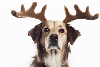 Dog with reindeer Christmas costume antlers on white background. KI generiert, generiert AI