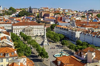 Aerial view of a bustling city square surrounded by classic architecture under a clear blue sky,