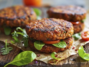 Fresh tasty organic healthy plant-based beef patties with onion, cheese and vegetables, AI