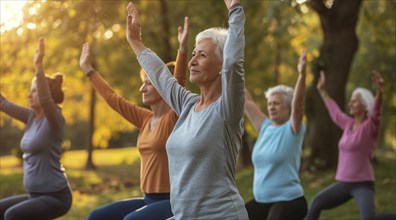 Senior people practicing flexible yoga poses and mindful spiritual meditation relaxation, AI