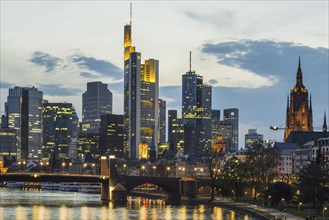 Skyline and banking district at sunset, twilight, Tower 185, Commerzbank, HelaBa, Hessische